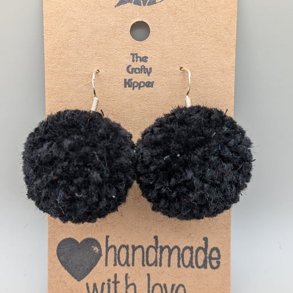Black pom pom dangle earrings, handmade with silver findings 