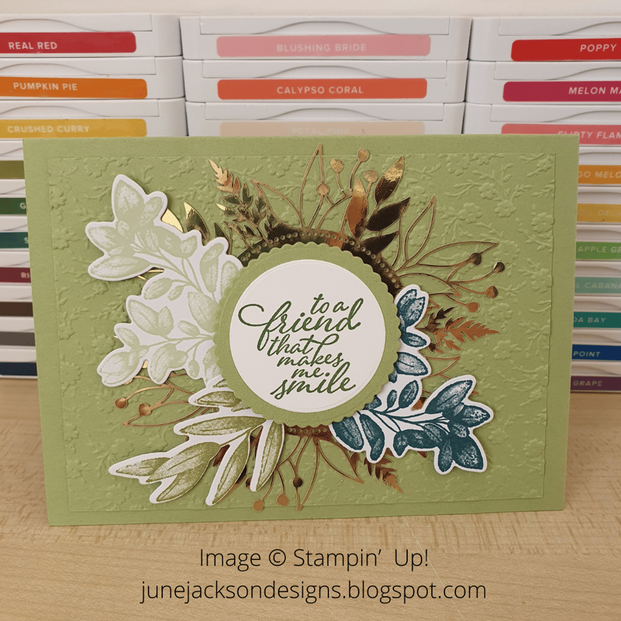 A handmade hand stamped Stampin’ Up! birthday card with foliage