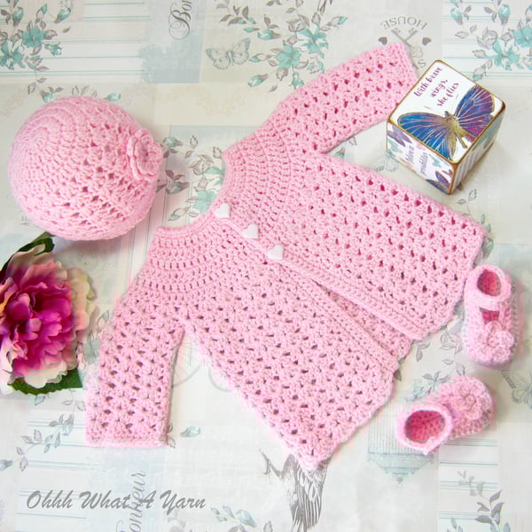 Crochet baby set, layette. Pink baby coat, cardigan, hat and shoes 0-3 mths.