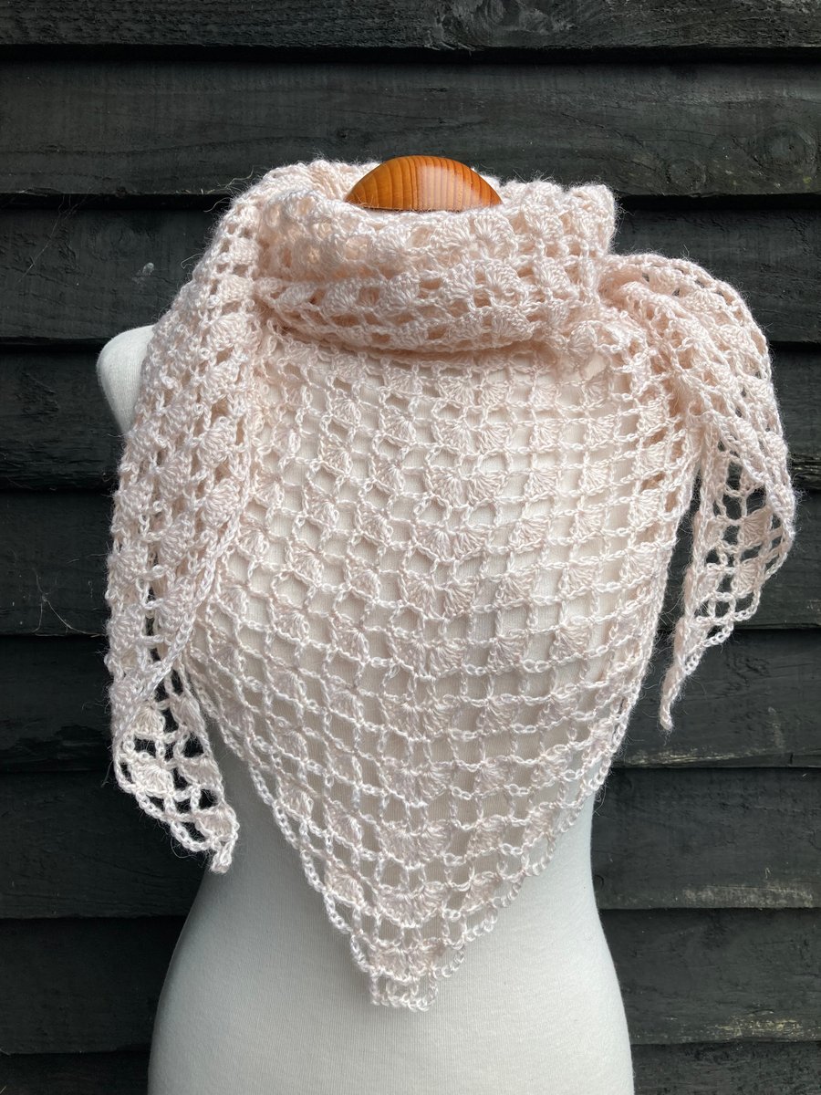 Feather light Merino wool triangle lace scarf shawl in champagne colour 