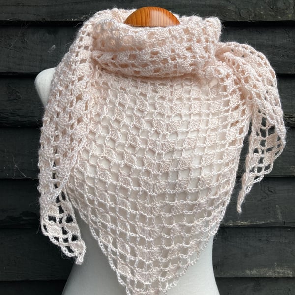 Feather light Merino wool triangle lace scarf shawl in champagne colour 