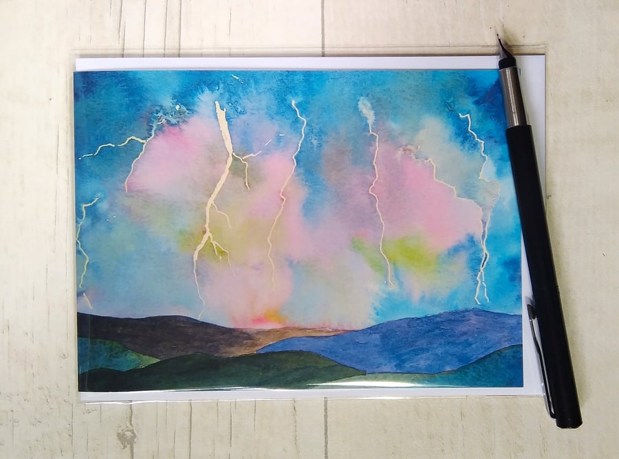 Birthday card. (Printed) Stormy Skies. Thunderstorm.