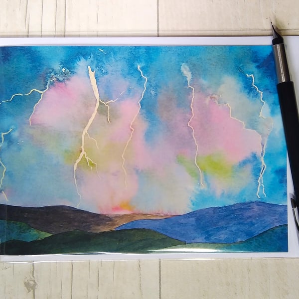 Birthday card. (Printed) Stormy Skies. Thunderstorm.