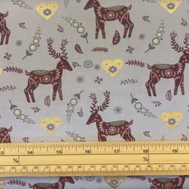 Fat Quarter Metallic Scandinavian Christmas Reindeer Grey 100% Cotton Fabric