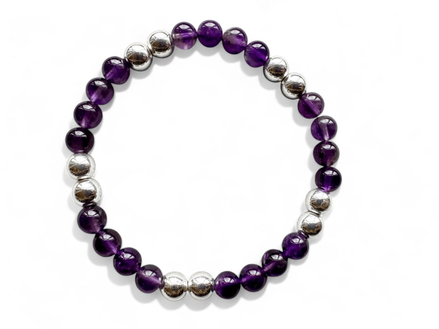 Amethyst Beaded Bracelet: Silver Hematite, Handmade Gemstone Jewelry