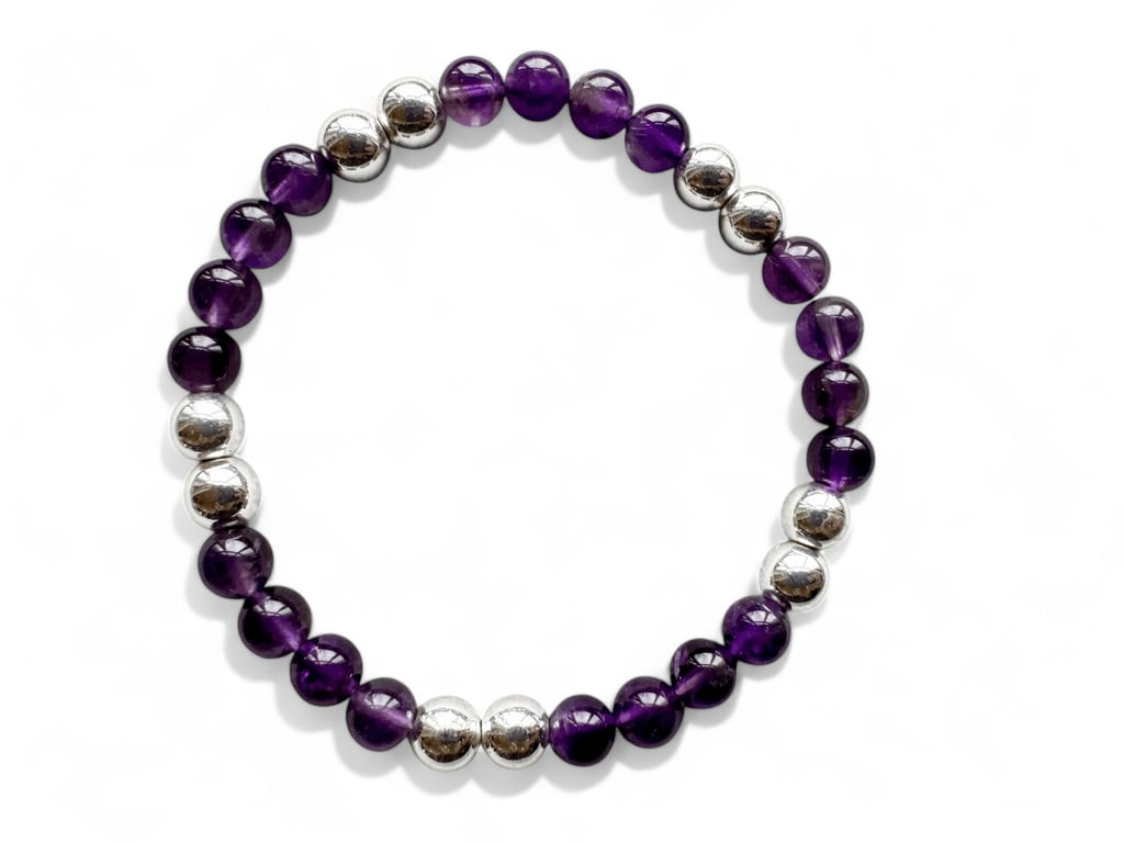 Amethyst Beaded Bracelet: Silver Hematite, Handmade Gemstone Jewelry