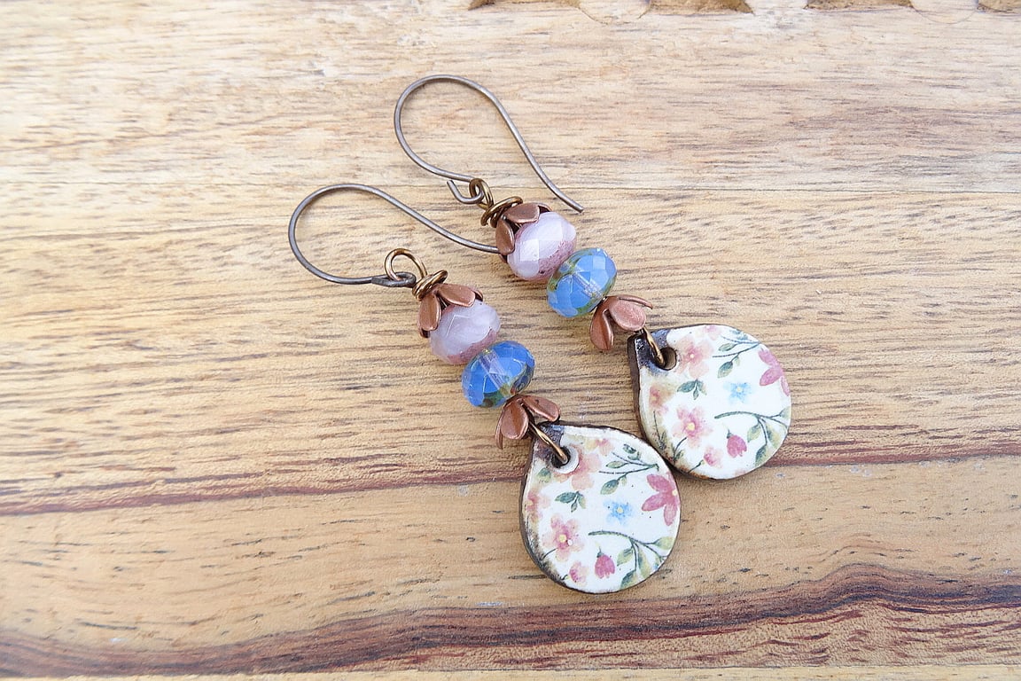 Ceramic Earrings, Czech Glass Earrings, Floral earrings, Handmade Earrings, 