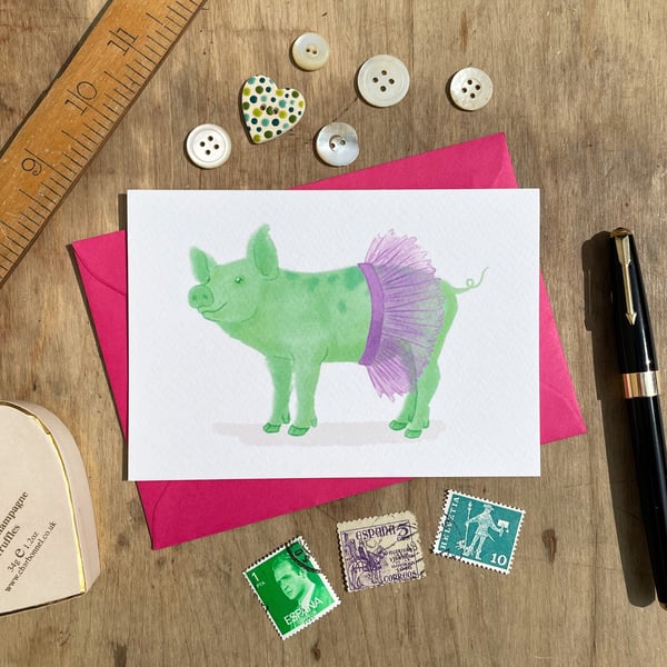 Green Pig Illustrated Blank Greeting Card