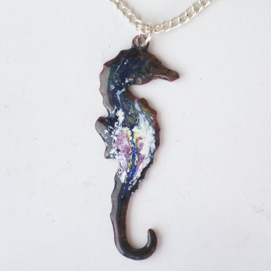 pendant - seahorse scrolled purple and white over dark blue on clear enamel