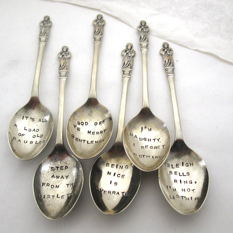 Yet More Xmas Grumpy Apostles, Naughty, Nice, Non-Festive handstamped spoons