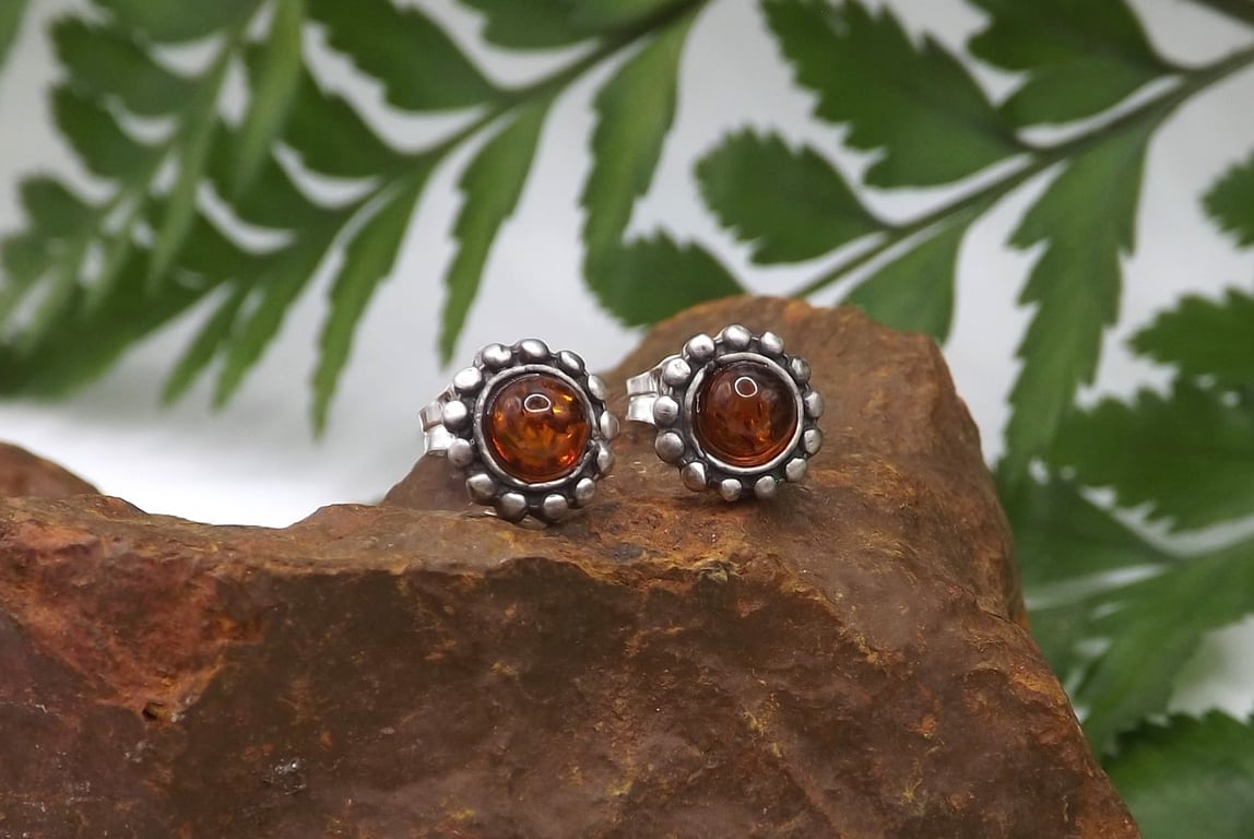 Recycled Sterling Silver Round Studded Earrings with Amber.