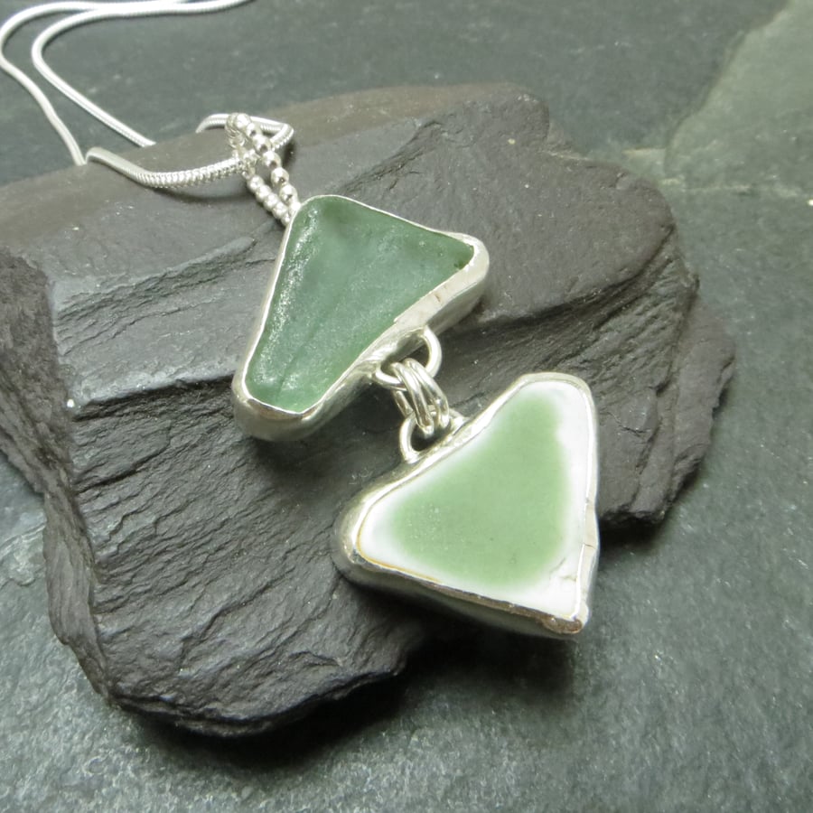 Green seaglass pendant, Triangle necklace, Broken china jewellery, Reversible