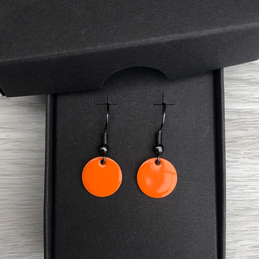 Orange enamel drop earrings. Sterling silver upgrade available. 
