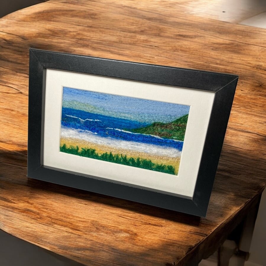Textile art, beach & headland, needle felt silk and wool picture, 6 x 4