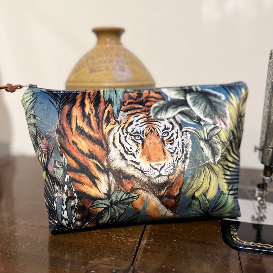 Tropical tiger velvet zip pouch large bag with reclaimed cotton lining 