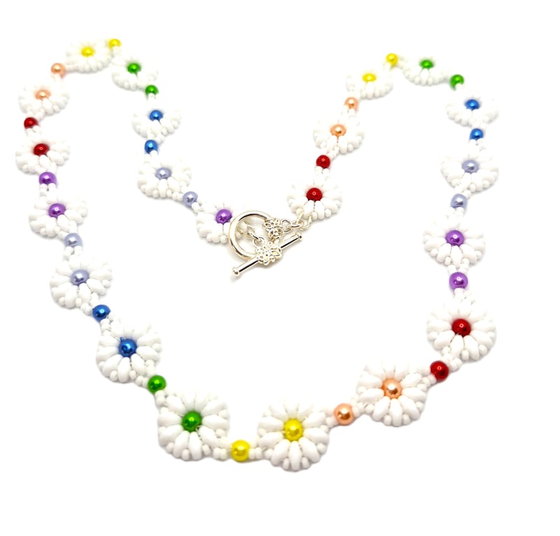 Rainbow necklace from my daisy collection with multi coloured faux pearls