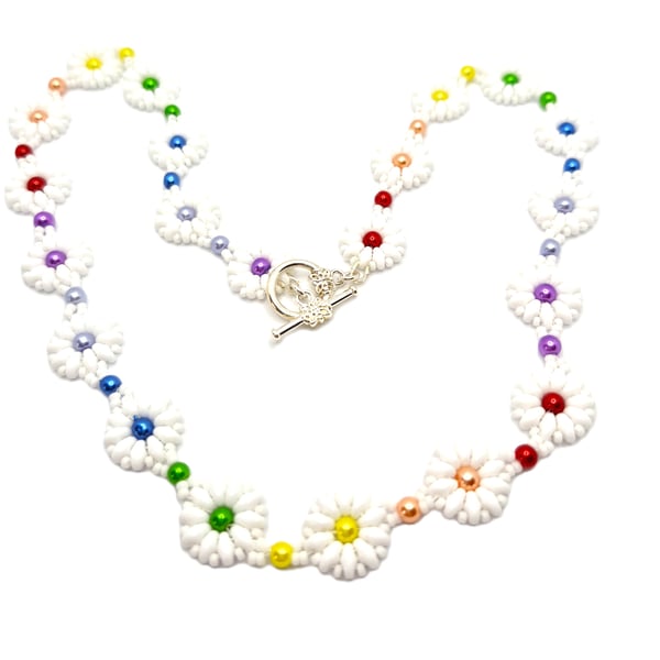 Rainbow necklace from my daisy collection with multi coloured faux pearls