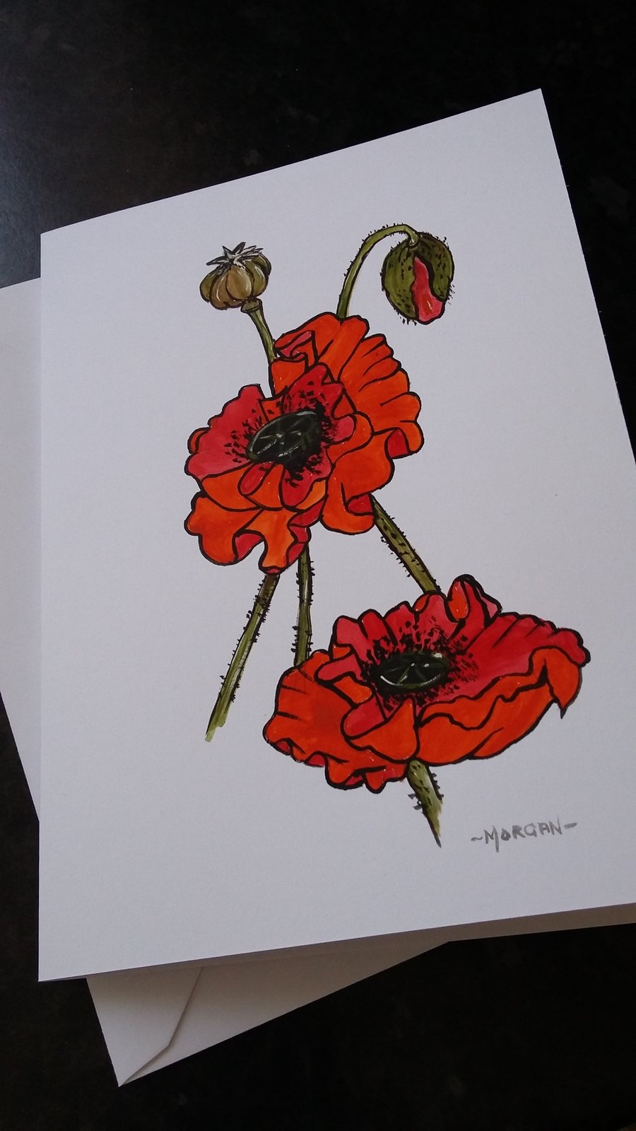 HAND PAINTED WATER COLOUR POPPY CARD