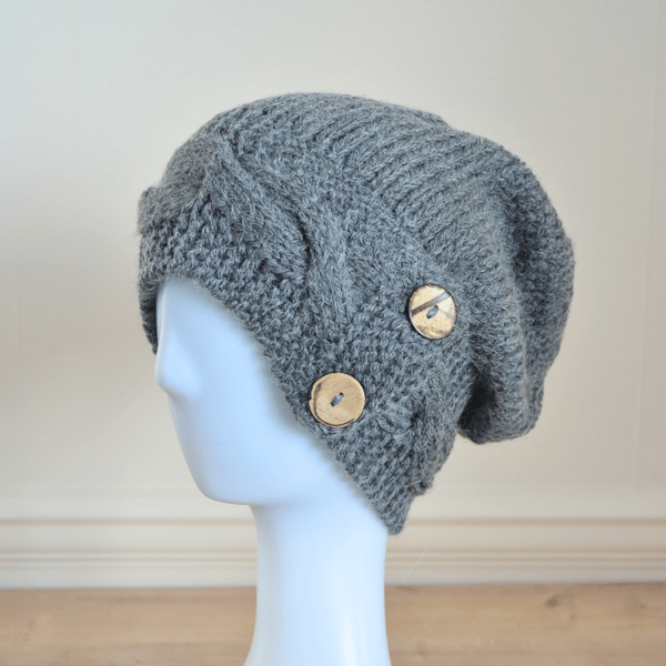 Knitted Button Band Slouchy Hat Alpaca Wool Mix Dark Grey