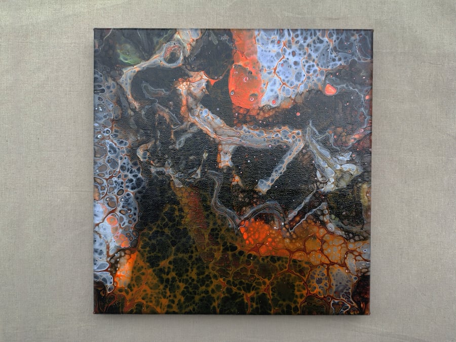 Acrylic Pour Art Canvas, Wall Art - White, Orange and Black Colour Scheme