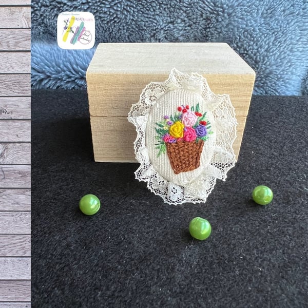 Basket Hand-Embroidered Pin * Basket Hand-Embroidered Pin *