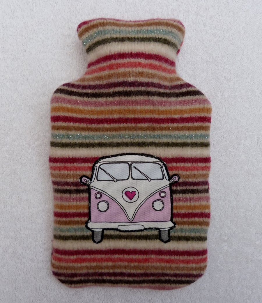 Lambswool  Hot Water Bottle Cover with Machine Applique VW Camper in Pink