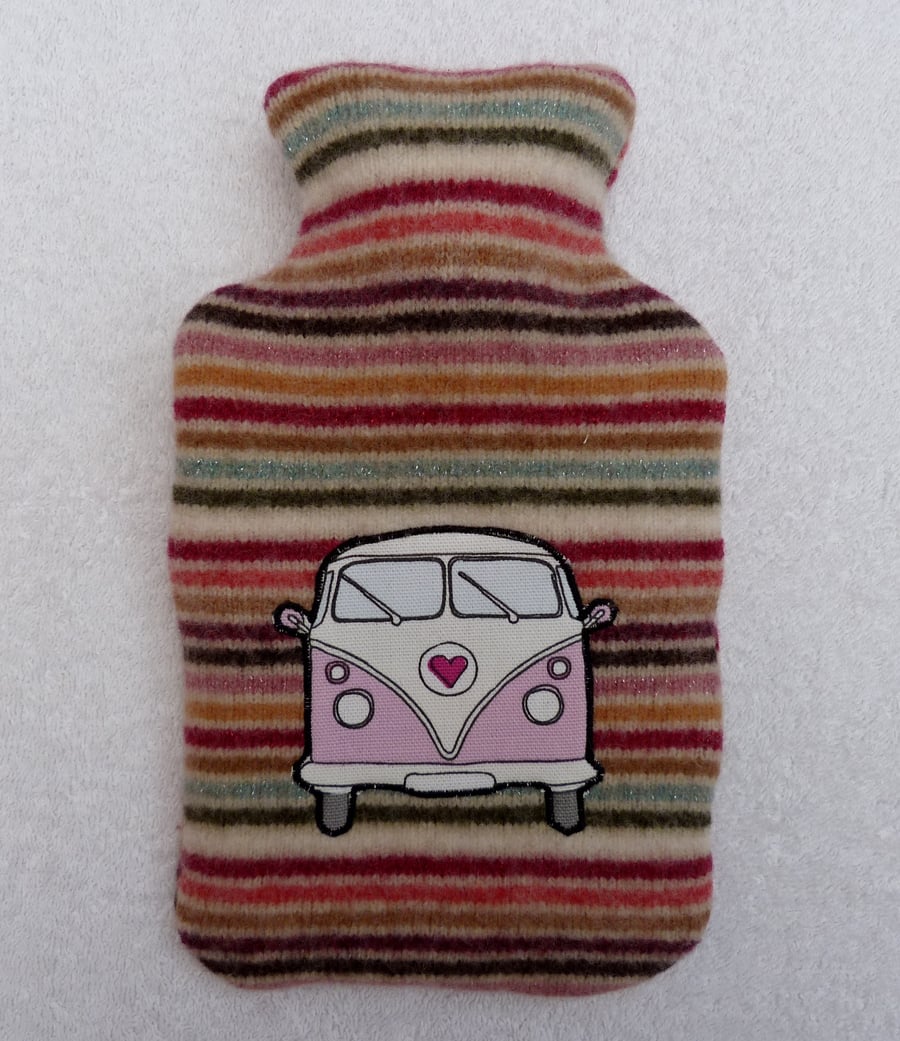 Lambswool  Hot Water Bottle Cover with Machine Applique VW Camper in Pink