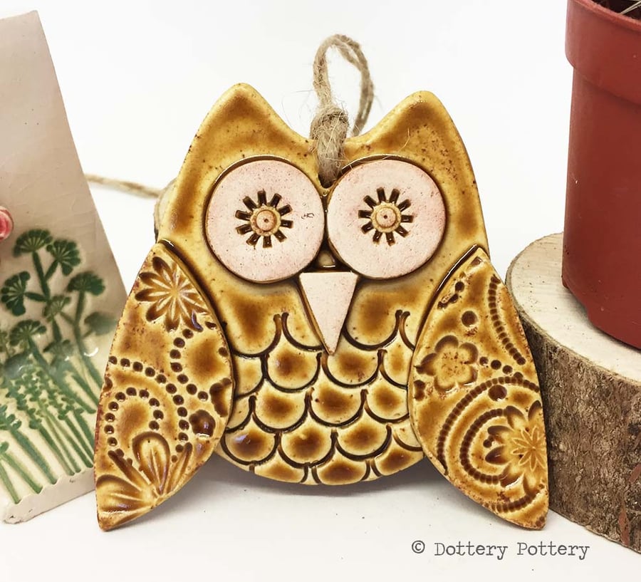 Ceramic owl hanging decoration Pottery owl ceramic bird brown