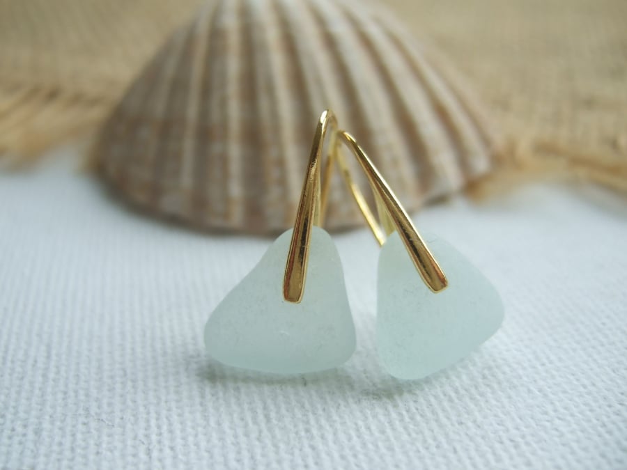 WATERDROPS...Scottish sea glass gold sterling silver earrings, sea foam, beach