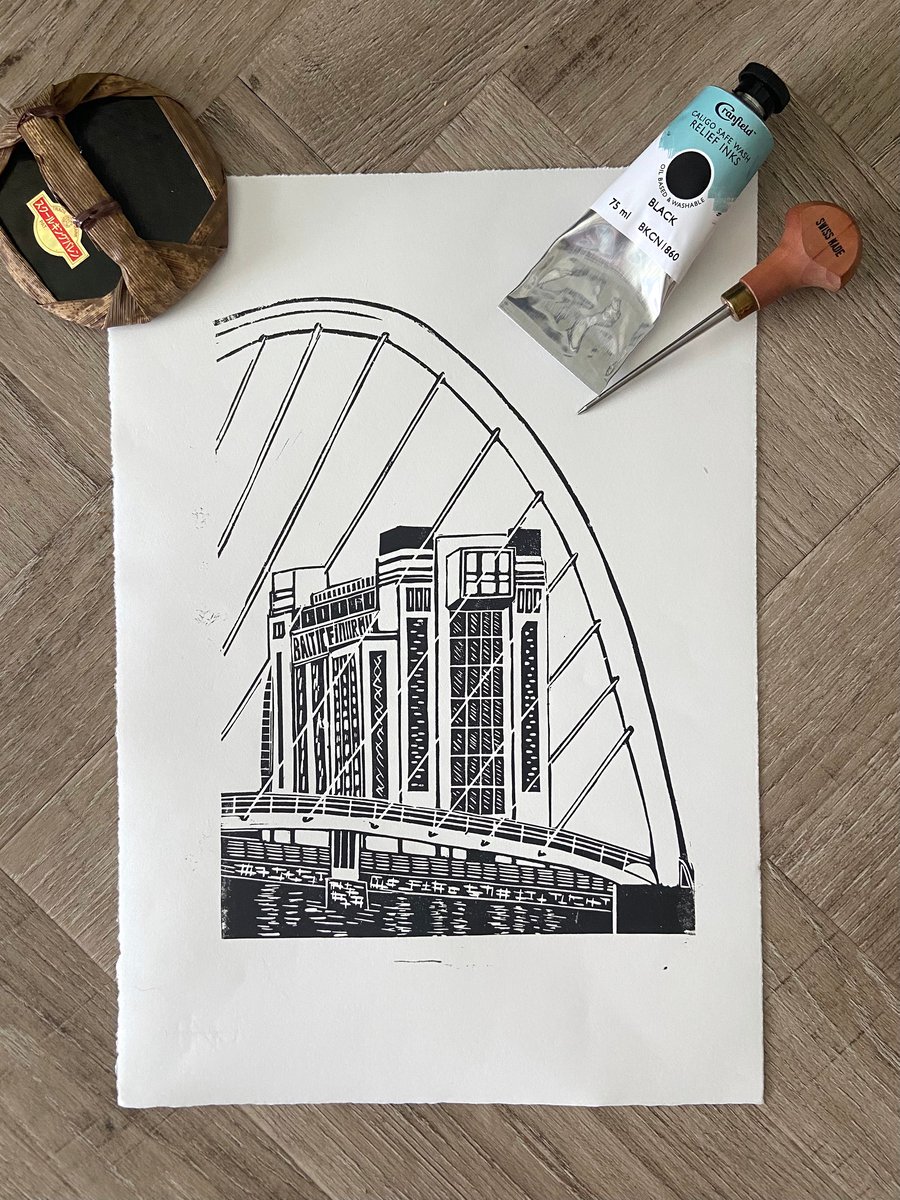 The Baltic & The Bridge - original hand burnished lino print