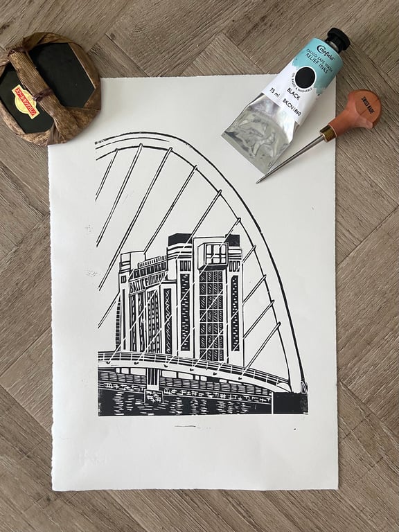 The Baltic & The Bridge - original hand burnished lino print