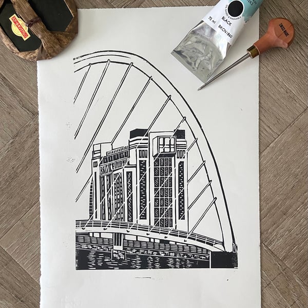 The Baltic & The Bridge - original hand burnished lino print