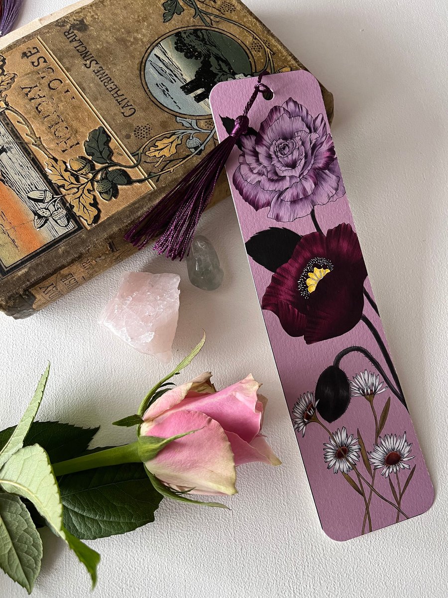 floral bookmark with roses, heavy card illustrated bookmark with tassel. 