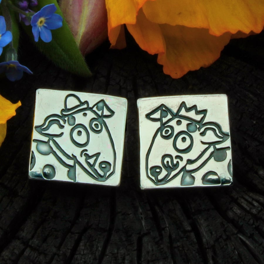Dog ear studs, silver ear studs, hallmarked, dogs with hats stud earrings