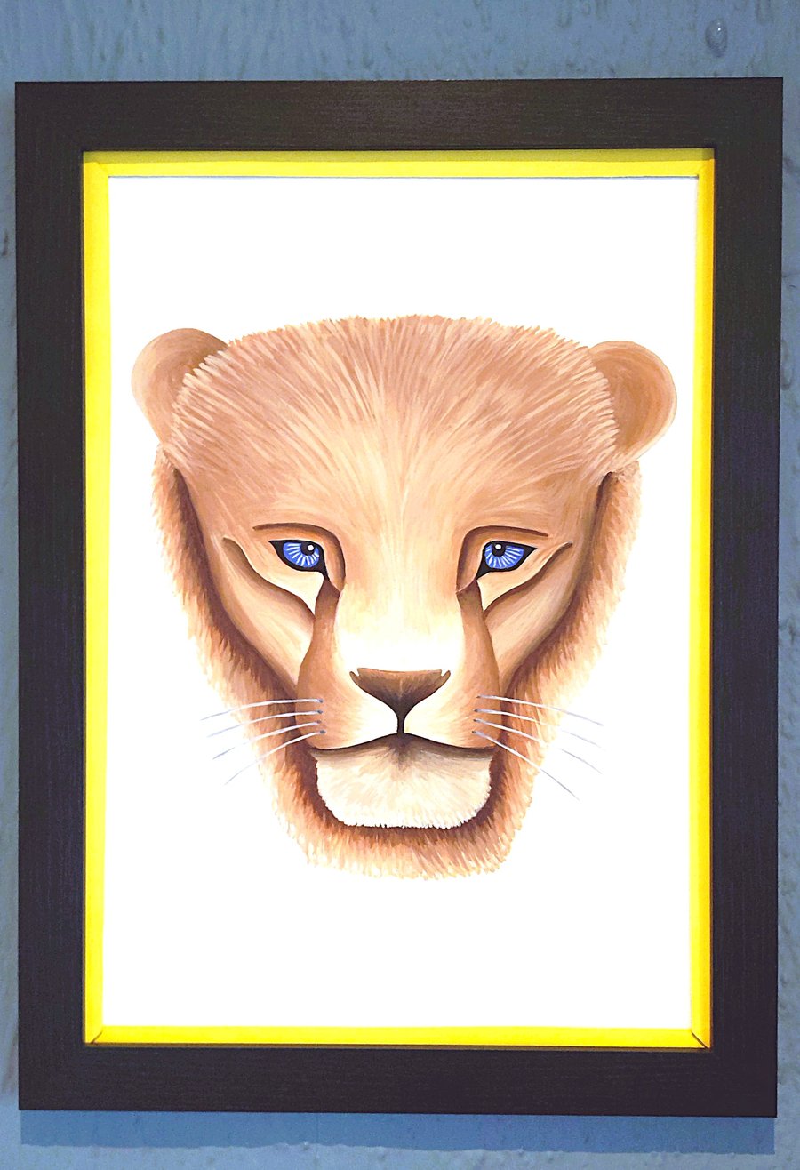 Framed A3 Print Colourful Lion Head Portrait Yellow Border Genuine Made in UK 