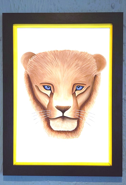 Framed A3 Print Colourful Lion Head Portrait Yellow Border Genuine Made in UK 
