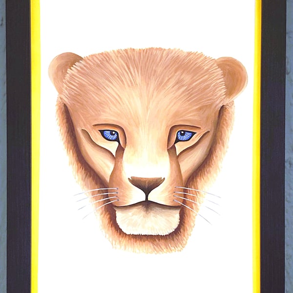 Framed A3 Print Colourful Lion Head Portrait Yellow Border Genuine Made in UK 