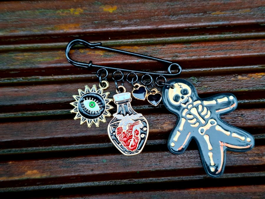 Safety Pin Brooch Badge black charms alternative emo skeleton potion heart