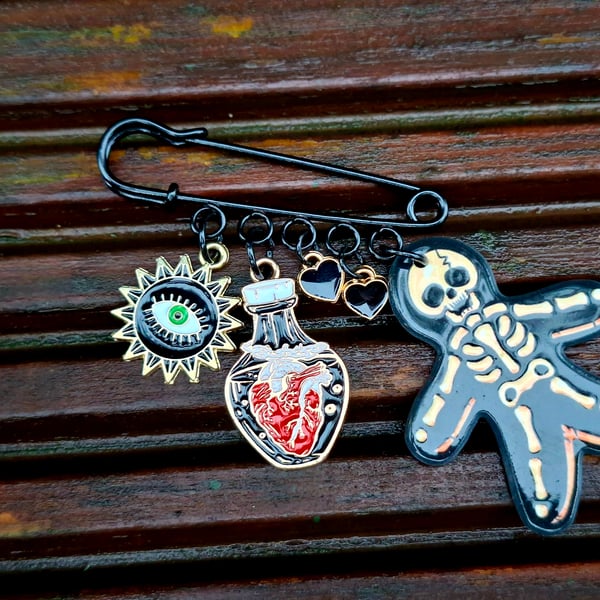 Safety Pin Brooch Badge black charms alternative emo skeleton potion heart