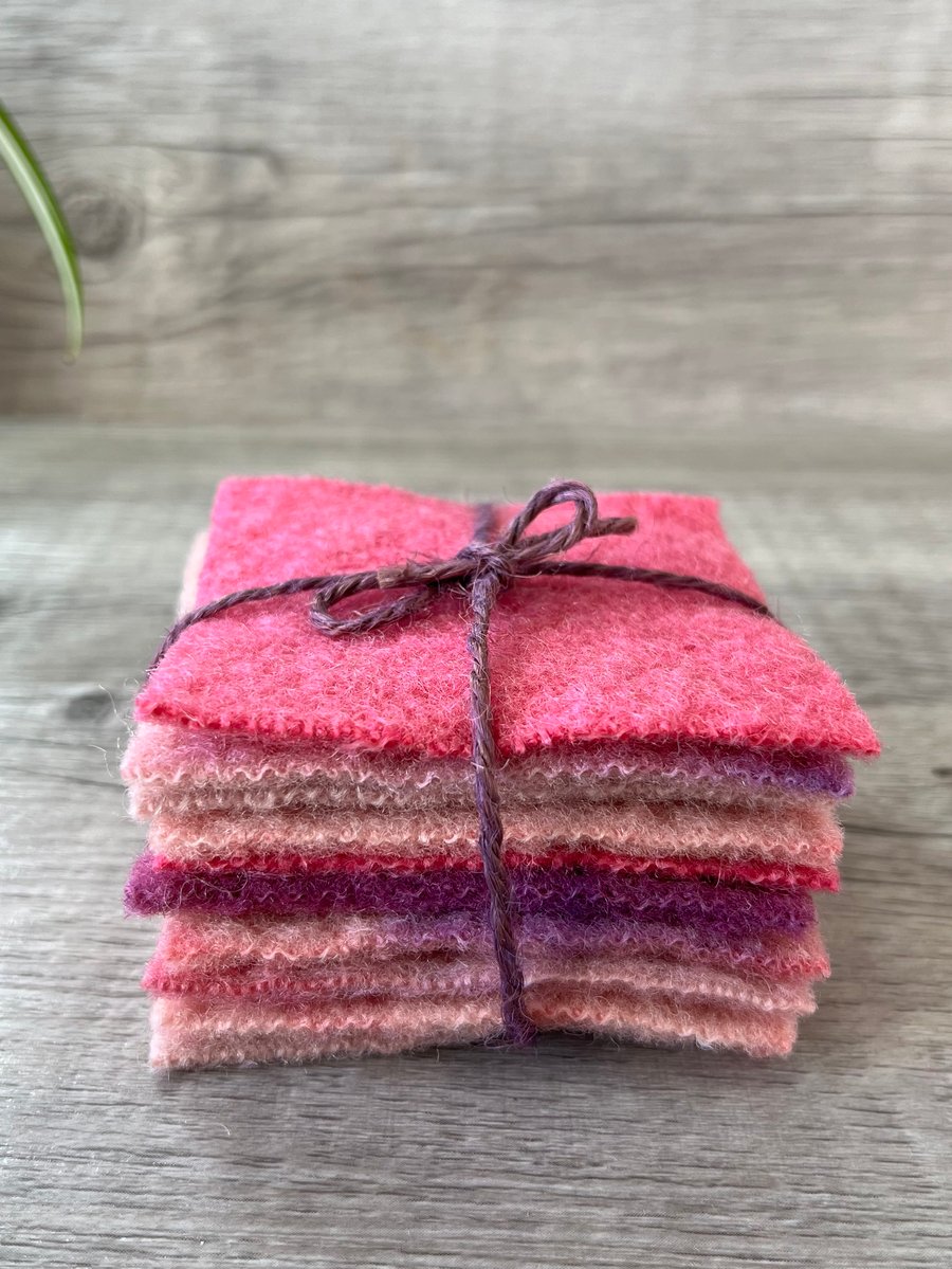 10 Dyed Vintage Wool Felt Pieces  3 Inch Squares Pinks and Purples 