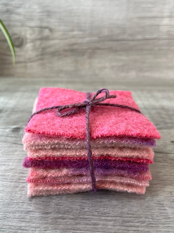 10 Dyed Vintage Wool Felt Pieces  3 Inch Squares Pinks and Purples 