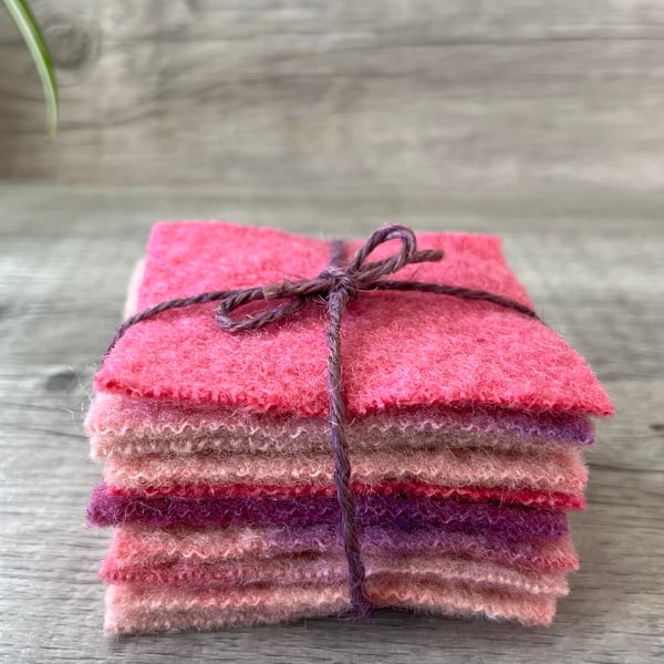 10 Dyed Vintage Wool Felt Pieces  3 Inch Squares Pinks and Purples 