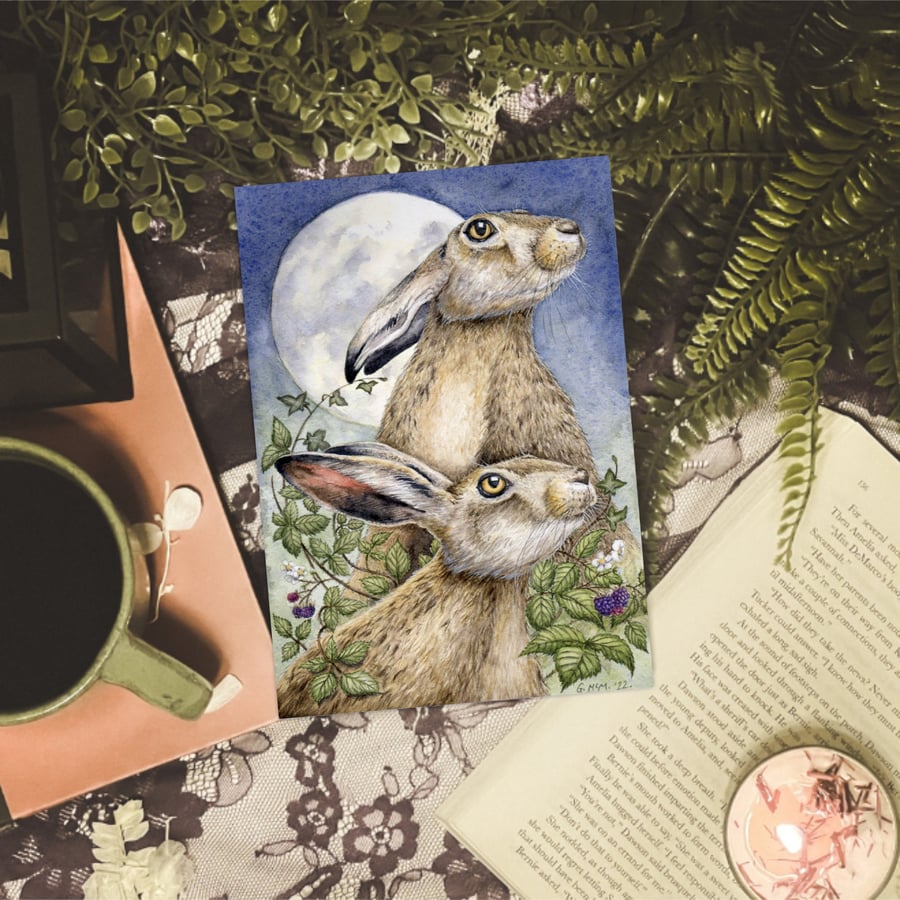 Moonlight Hares Art Print - A5 Scottish wildlife illustration