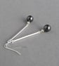 Long Dark Grey Drop Earrings - Black Pearl & Sterling Silver Bar Dangle Earrings - Image 2