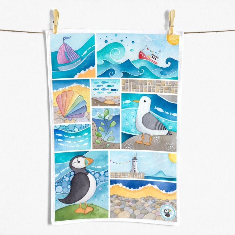 Seaside Tea Towel - Coastal Nautical Kitchen Gifts - Puffin, Seagull, Boat
