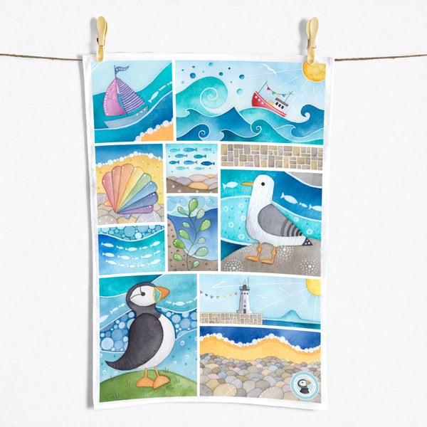 Seaside Tea Towel - Coastal Nautical Kitchen Gifts - Puffin, Seagull, Boat