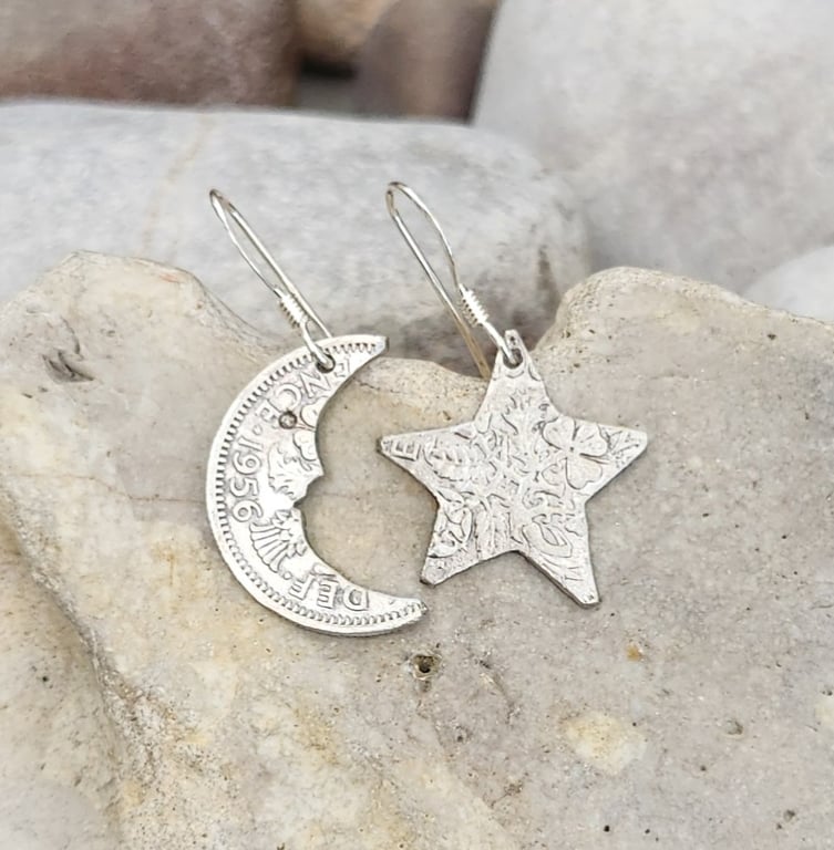 Star and moon earrings upcycled from 1956 sixpence coins