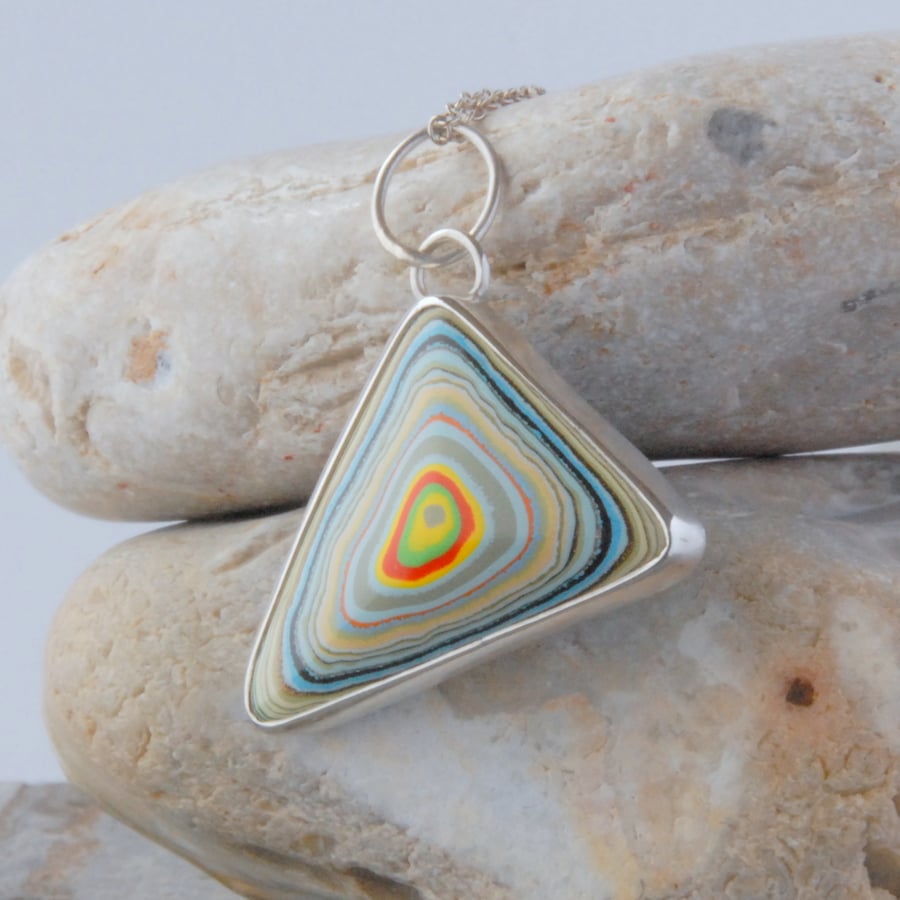 Triangular vintage fordite and sterling silver pendant