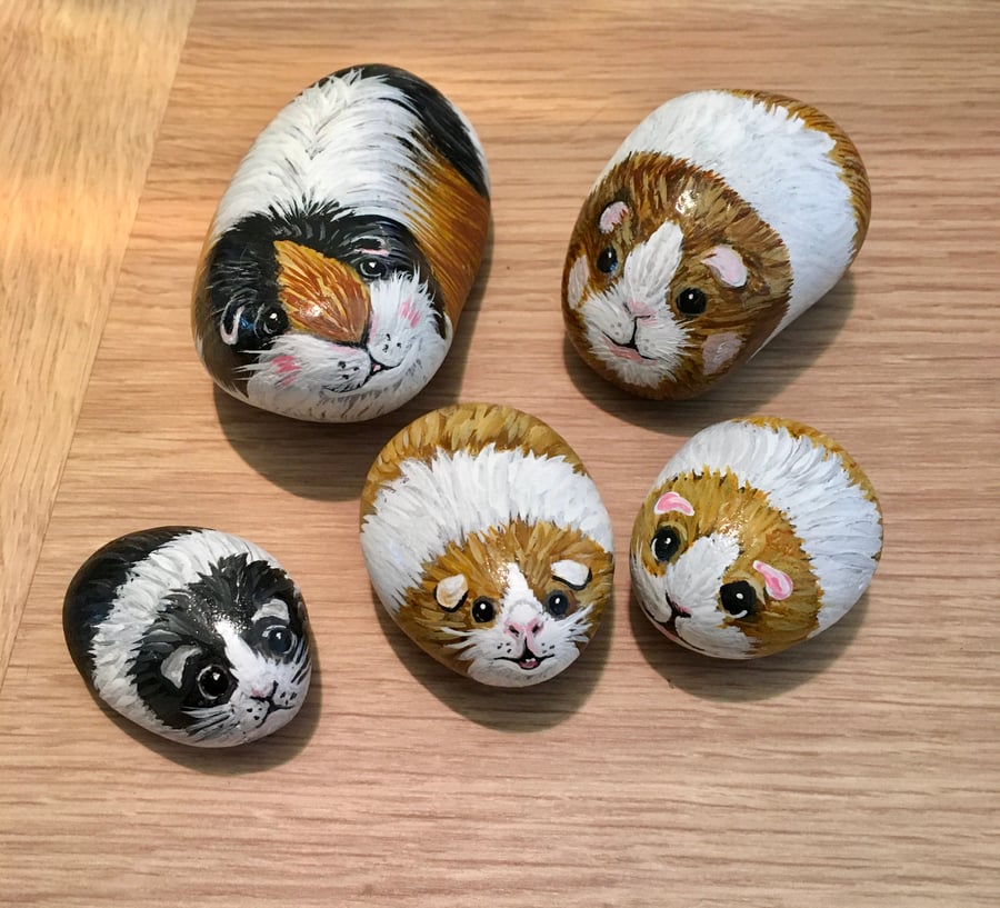 Guineapig family hand painted pebbles garden rock art stone pet portrait 