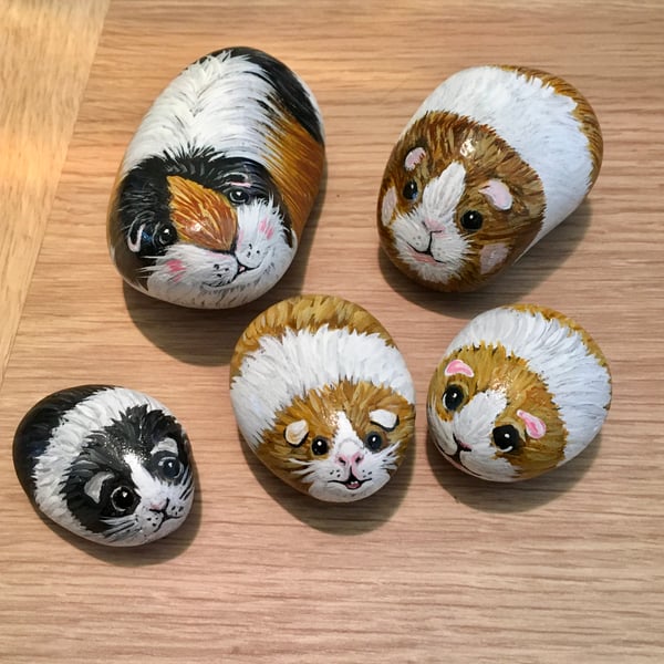 Guineapig family hand painted pebbles garden rock art stone pet portrait 